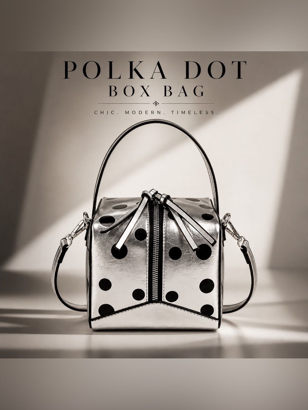 Silver Polka Dot Box Bag Retro Mod Top Handle Crossbody Satchel - Picture 5 of 13